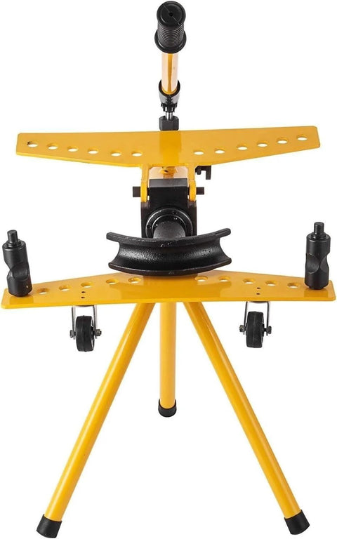 Mechanical and Manual Hydraulic Pipe Bender for 13mm to 34mm pipes with die set, yellow frame, ideal for bending steel and water pipes.