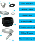 Diagram showing parts of a Sturdy Steel Mechanical Test Plug For Sewer Cleanouts With Galvanized Screw And Wing Nut 4 Inch Cap.