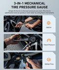 3-in-1 tire pressure gauge being used to add air, check pressure, and deflate tires with close-up views