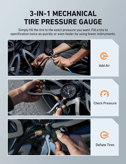 3-in-1 tire pressure gauge being used to add air, check pressure, and deflate tires with close-up views