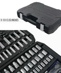 Mechanic's Socket Tool Set With Case, SAE and Metric Sizes, 201-Piece, chrome sockets and black case with dimensions shown