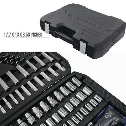Mechanic's Socket Tool Set With Case, SAE and Metric Sizes, 201-Piece, chrome sockets and black case with dimensions shown