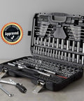 Mechanic's Socket Tool Set With Case, SAE and Metric Sizes, 201-Piece, open view displaying chrome-vanadium wrenches and sockets