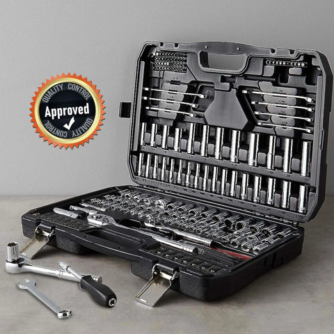 Mechanic's Socket Tool Set With Case, SAE and Metric Sizes, 201-Piece, open view displaying chrome-vanadium wrenches and sockets