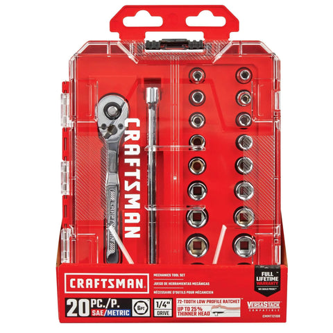Mechanics Tool Set, 1/4 Inch Drive, 20 Piece (CMMT12108) with red packaging and visible ratchet and sockets