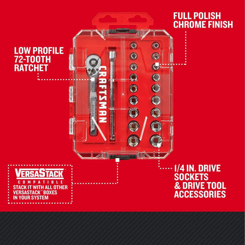 Mechanics Tool Set, 1/4 Inch Drive, 20 Piece (CMMT12108) in red case showing chrome sockets and low-profile ratchet