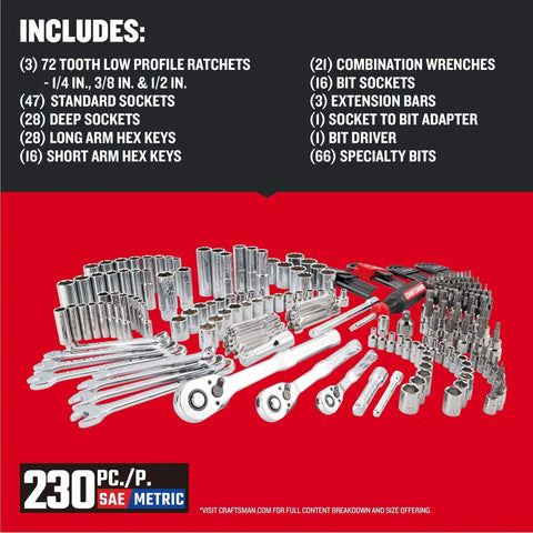 230 Pcs Mechanics Tool Set, Socket Wrench Set, Car Tool Kit with VERSASTACK Toolbox, SAE and Metric displayed on a red surface