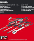 57 Piece Mechanics Tool Set Home Tool Set with ratchet, sockets, screwdrivers, hammer, pliers, hex keys, and specialty bits (CMMT99447).