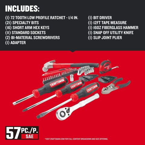 57 Piece Mechanics Tool Set Home Tool Set with ratchet, sockets, screwdrivers, hammer, pliers, hex keys, and specialty bits (CMMT99447).