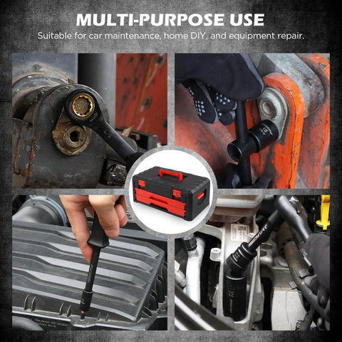 132-Piece Mechanics Tool Set, SAE/Metric 1/4" & 3/8" Drive Socket Set in use for auto repair with storage case shown