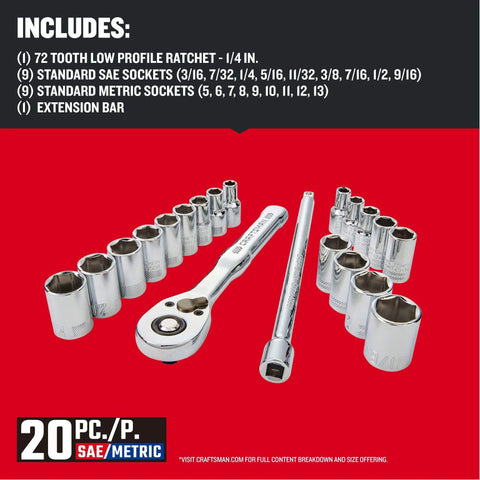 Mechanics Tool Set, 1/4 Inch Drive, 20 Piece (CMMT12108) with ratchet and sockets displayed on red background