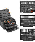 Premium Mechanics Tool Set With Deep And Standard Sockets In One Quarter Inch Drive, Three Eighths Inch Drive, And One Half Inch Drives, 450 Piece SAE And Metric Kit With Bits, Combination Wrenches, Hex Keys, Accessories, And Durable Storage Case in open storage case