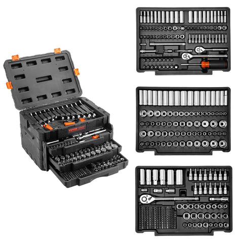 Premium Mechanics Tool Set With Deep And Standard Sockets In One Quarter Inch Drive, Three Eighths Inch Drive, And One Half Inch Drives, 450 Piece SAE And Metric Kit With Bits, Combination Wrenches, Hex Keys, Accessories, And Durable Storage Case in open storage case