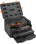 Premium Mechanics Tool Set With Deep And Standard Sockets In One Quarter Inch Drive, Three Eighths Inch Drive, And One Half Inch Drives, 450 Piece SAE And Metric Kit With Bits, Combination Wrenches, Hex Keys, Accessories, And Durable Storage Case, shown with open case displaying tools.