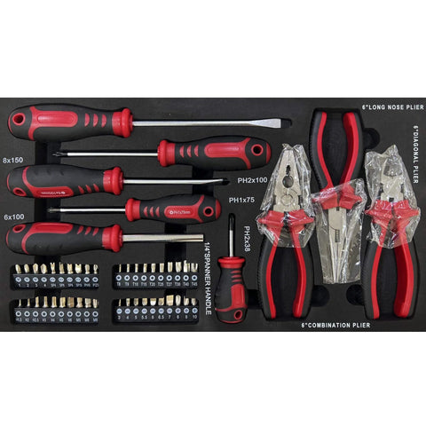 439 Piece Mechanics Tool Set, 3 Drawer Heavy Duty Metal Box with screwdrivers, pliers, sockets in foam organizer, top view