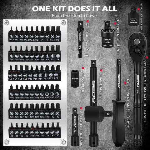 132-Piece Mechanics Tool Set featuring SAE and Metric sockets, extensions, ratcheting wrenches, and quick-release ratchet handle.