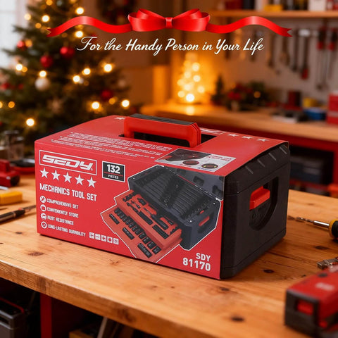 132-Piece Mechanics Tool Set box on workbench, SAE/Metric 1/4" & 3/8" Drive Socket Set, holiday-themed background