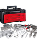Complete 230 Pcs Mechanics Tool Set with VERSASTACK Toolbox showing sockets, wrenches, and hex keys, SAE and Metric sizes, tool kit CMMT45306