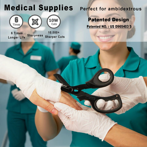 Medical professional using 2 Pack Medical Trauma Shears For Left And Right Hand With Patented Bandage Scissors to cut bandage.