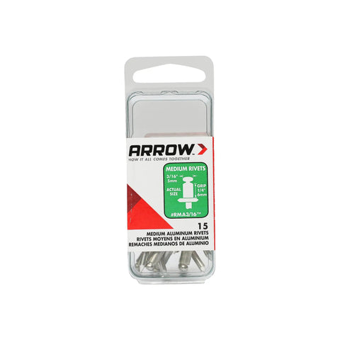 Medium Aluminum Pop Rivets Three Sixteenths Inch For Metal Fabric Leather And Auto Repair in plastic packaging, front view