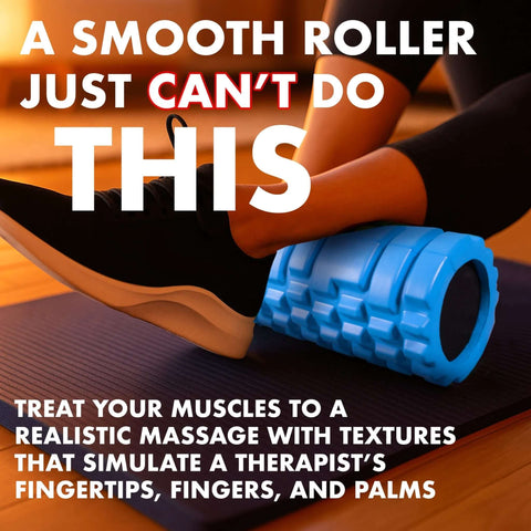 Person using blue medium density foam roller for deep tissue massage and myofascial trigger point release on a yoga mat
