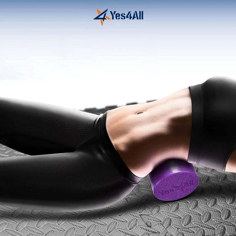 Person using Medium Firm Round PE Foam Roller for Pilates yoga stretching on mat