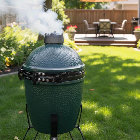 Outdoor scene with a Medium Green Egg grill featuring 2 pack hinge springs for Medium Green Egg grill 304 stainless steel replacement parts