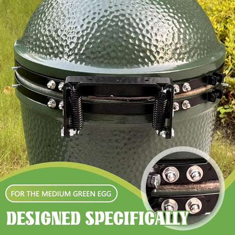 Medium Green Egg Hinge Assembly Replacement Kit with spring on a Medium Big Green Egg grill showing powder-coated steel hinge.