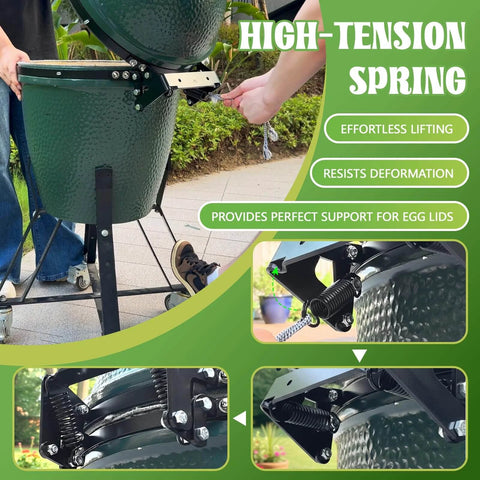 Medium Green Egg Hinge Assembly Replacement Kit With Spring in use on a grill showing high-tension spring and effortless lifting feature