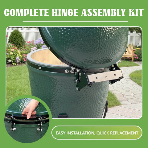 Medium Green Egg Hinge Assembly Replacement Kit With Spring installed on Big Green Egg grill