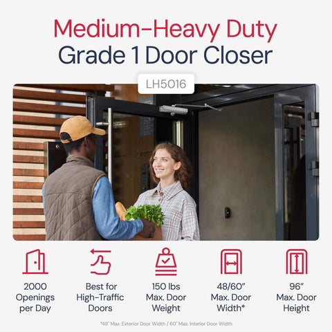 Medium/Heavy Duty Door Closer Commercial Grade 1 - Surface-Mounted Commercial Automatic Door Closer with Adjustable 6-Speed Control and 3 Valves - Embassy Series LH5016 in use at a high-traffic entrance.