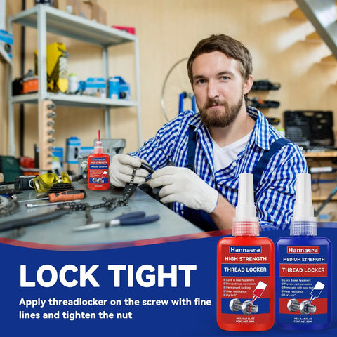 Man using Blue And Red Thread Locker Kit, Medium And High Strength Thread Lock For Nuts Bolts And Metal Fasteners, 50 Ml Each, Pack Of 2