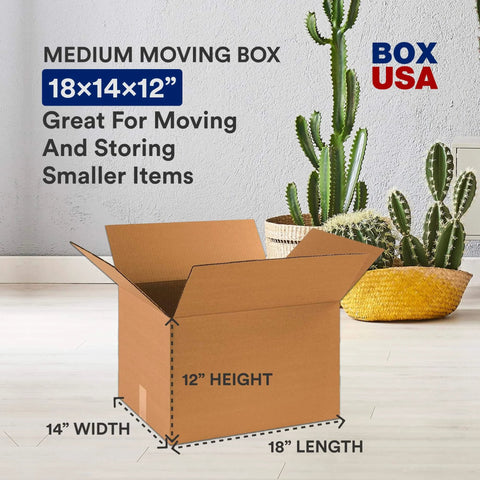 Medium Moving Boxes 18x14x12 10 Pack Heavy Duty Corrugated Shipping Packing Storage Boxes next to potted plants.