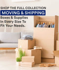Medium Moving Boxes 18x14x12 10 Pack Heavy Duty Corrugated Shipping Packing Storage Boxes in living room with stacked boxes.