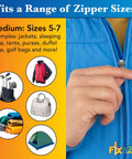 Hand using Medium Black Nickel Zipper Repair Kit That Fixes Jackets Sleeping Bags Tents And Duffel Bags With No Sew Slider Replacement Universal Tool For Instant Reusable Zipper Repair Sizes 5 To 7 By FixNZip.