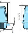Dimensional drawings of Medo LA-45 Piston Air Pump, showing front and side views with measurements and design details.