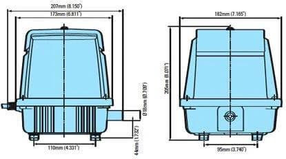 Dimensional drawings of Medo LA-45 Piston Air Pump, showing front and side views with measurements and design details.