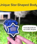 As Seen On TV Mega Bright Rechargeable Spotlight With 10 Modes and Turbo Boost showing star-shaped button feature