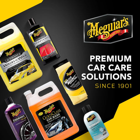Meguiar's car care products assortment, including wash, wax, and tire care, showcasing premium solutions since 1901.