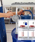 Person using MEKOTRIN 55 Gallon Drum Pump, 7GPM All Aluminum Hand Oil Pump on 55-gallon drum, compatible with various oils.