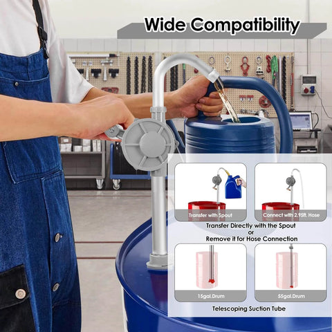 Person using MEKOTRIN 55 Gallon Drum Pump, 7GPM All Aluminum Hand Oil Pump on 55-gallon drum, compatible with various oils.