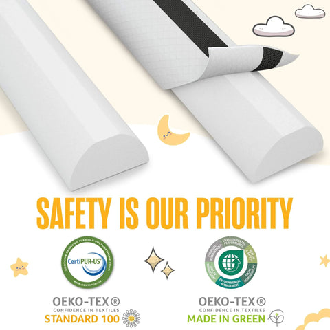 Close-up of Two Pack Memory Foam Toddler Bed Rail Bumpers with Dual Non Slip Pads, Certipur and OEKO-TEX certifications shown.