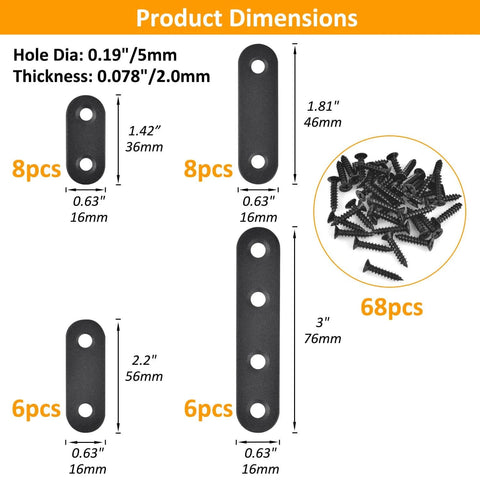 Dimensions and quantity of Mending Plates for Wood - 28 Set Metal Flat Plate Straight Bracket with screws