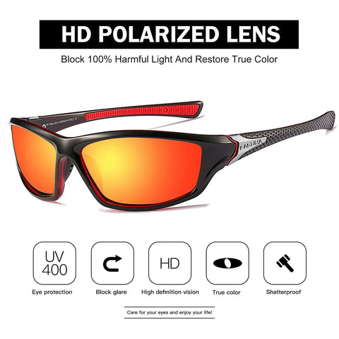 Polarized Sunglasses For Men UV400 Protection Cycling Driving Fishing, front view, with orange mirrored lenses and black frame.