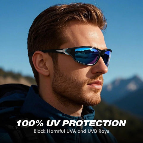Man wearing Polarized Sunglasses For Men UV400 Protection Cycling Driving Fishing outdoors with mountain view