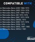 Compatibility list for Mercedes-Benz models from 1968 to 1985 displayed on a black and blue graphic background.