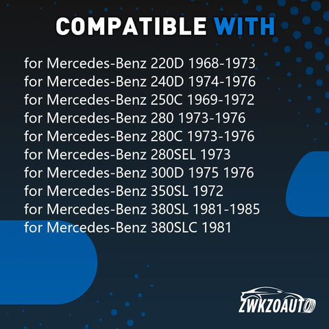 Compatibility list for Mercedes-Benz models from 1968 to 1985 displayed on a black and blue graphic background.
