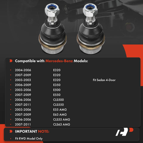 Two Piece Front And Rear Outer Ball Joint Set For Mercedes-Benz E Class And CLS Series 2003 2011 with compatibility chart