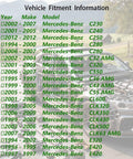 Vehicle fitment information list with Mercedes-Benz models and years over a background of a car engine in scenic area.