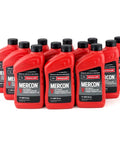 Case of 12 red bottles of Mercon V Automatic Transmission Fluid For Smooth Shifts And Long Haul Reliability, for cars and SUVs, 1 quart each.